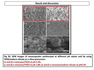 Fig 39. SEM images of nanocapsules synthesized at different pH values and by using
TEOS/sodium silicate as a silica-precursors:
(a and b) n-eicosane/TEOS at pH 2.20;
(c and d) n-eicosane/TEOS at pH 1.88; (e and f) n-eicosane/sodium silicate at pH2.94
101
Result and discussion
 