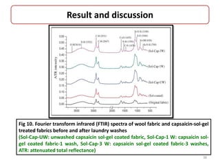Result and discussion
Fig 10. Fourier transform infrared (FTIR) spectra of wool fabric and capsaicin-sol-gel
treated fabrics before and after laundry washes
(Sol-Cap-UW: unwashed capsaicin sol-gel coated fabric, Sol-Cap-1 W: capsaicin sol-
gel coated fabric-1 wash, Sol-Cap-3 W: capsaicin sol-gel coated fabric-3 washes,
ATR: attenuated total reflectance)
38
 