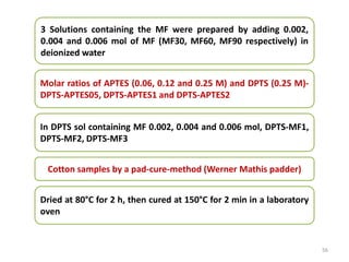 56
3 Solutions containing the MF were prepared by adding 0.002,
0.004 and 0.006 mol of MF (MF30, MF60, MF90 respectively) in
deionized water
Molar ratios of APTES (0.06, 0.12 and 0.25 M) and DPTS (0.25 M)-
DPTS-APTES05, DPTS-APTES1 and DPTS-APTES2
In DPTS sol containing MF 0.002, 0.004 and 0.006 mol, DPTS-MF1,
DPTS-MF2, DPTS-MF3
Cotton samples by a pad-cure-method (Werner Mathis padder)
Dried at 80°C for 2 h, then cured at 150°C for 2 min in a laboratory
oven
 