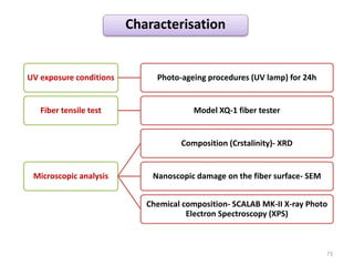 Characterisation
UV exposure conditions Photo-ageing procedures (UV lamp) for 24h
Fiber tensile test Model XQ-1 fiber tester
Microscopic analysis
Composition (Crstalinity)- XRD
Nanoscopic damage on the fiber surface- SEM
Chemical composition- SCALAB MK-II X-ray Photo
Electron Spectroscopy (XPS)
73
 