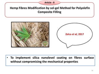 Hemp Fibres Modification by sol-gel Method for Polyolefin
Composite Filling
• To implement silica nanolevel coating on fibres surface
without compromising the mechanical properties
Zelca et al, 2017
79
Article - 8
 