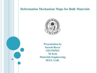 Deformation Mechanism Maps for Bulk Materials 
Presentation by 
Suresh Beera 
12ETMM11 
M.Tech 
Materials Engineering 
SEST, UoH. 
 