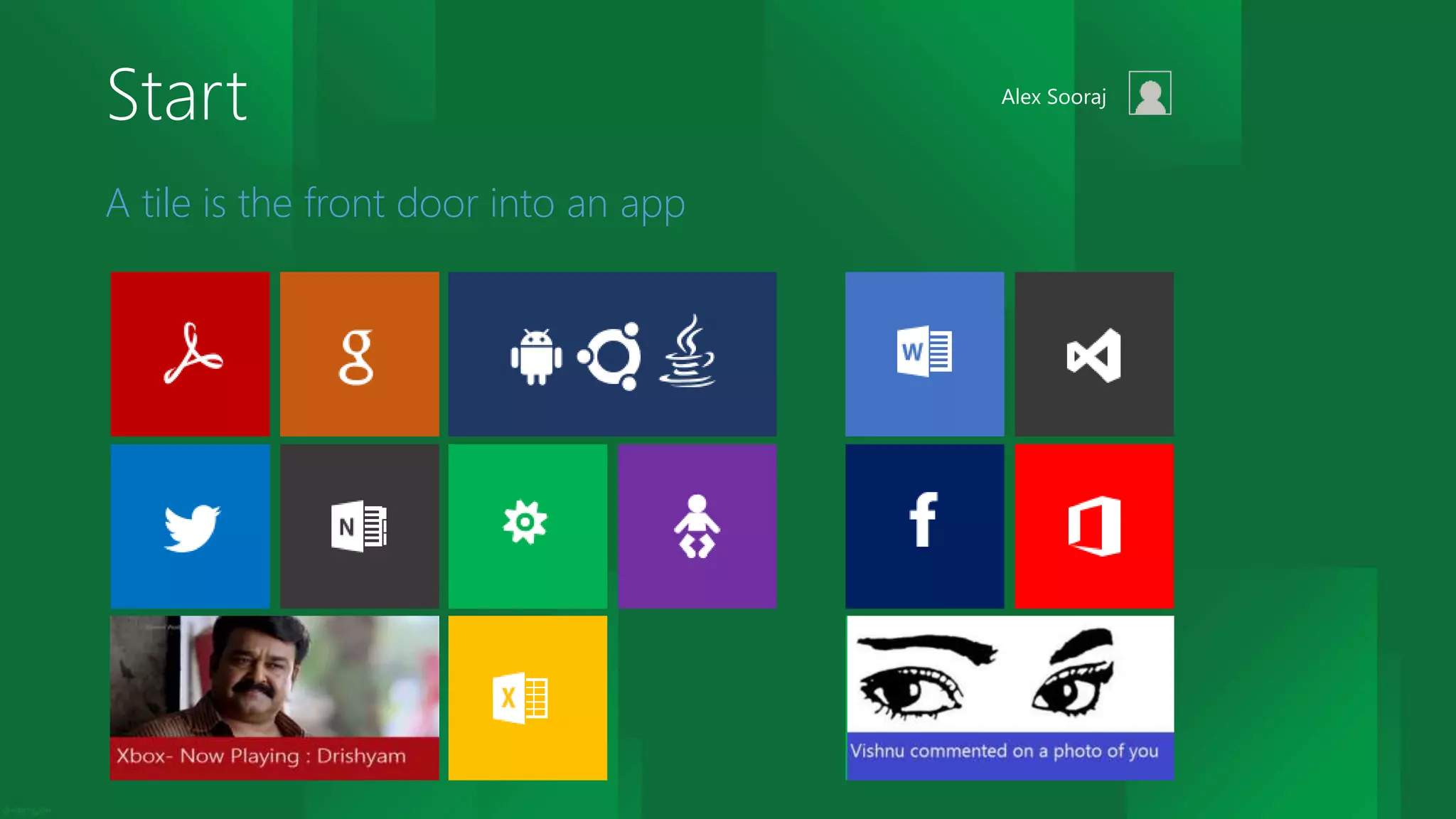 Start Alex Sooraj
A tile is the front door into an app
 