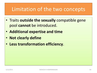 Limitation of the two concepts
• Traits outside the sexually compatible gene
pool cannot be introduced.
• Additional exper...