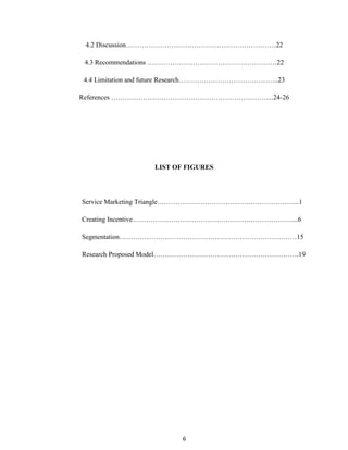 6
4.2 Discussion…………………………………………………………22
4.3 Recommendations …………………………………………………22
4.4 Limitation and future Research……………………………………..23
References ……………………………………………………………...24-26
LIST OF FIGURES
Service Marketing Triangle……………………………………………………...1
Creating Incentive…………………………………………………………….....6
Segmentation……………………………………………………………………15
Research Proposed Model……………………………………………………….19
 