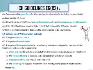 6.4.7 Accountability procedures for the investigational product(s), including the placebo(s)
and comparator(s), if any.
6.4.8 Maintenance of trial treatment randomization codes and procedures for breaking codes.
6.4.9 The identification of any data to be recorded directly on the CRFs (i.e., no prior
written or electronic record of data), and to be considered to be source data.
6.5 Selection and Withdrawal of Subjects
6.5.1 Subject inclusion criteria.
6.5.2 Subject exclusion criteria.
6.5.3 Subject withdrawal criteria (i.e., terminating investigational product treatment/trial
treatment) and procedures specifying:
(a) When and how to withdraw subjects from the trial/investigational product Treatment
(b) The type and timing of the data to be collected for withdrawn subjects
(c) Whether and how subjects are to be replaced
(d) The follow-up for subjects withdrawn from investigational product treatment/trial
treatment.
ICH GUIDELINES E6(R2) :
 