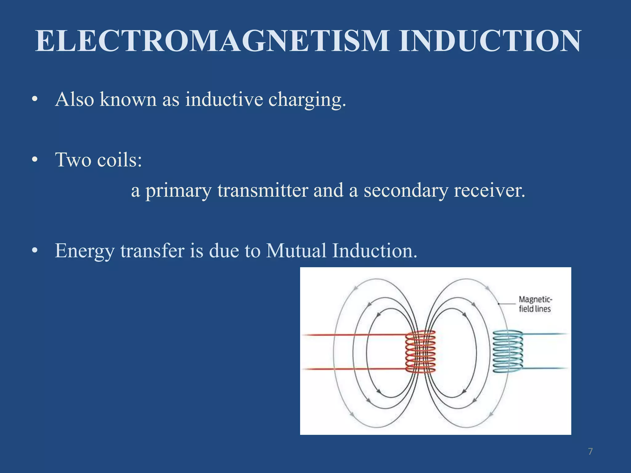 ELECTROMAGNETISM INDUCTION
• Also known as inductive charging.
• Two coils:
a primary transmitter and a secondary receiver.
• Energy transfer is due to Mutual Induction.
7
 