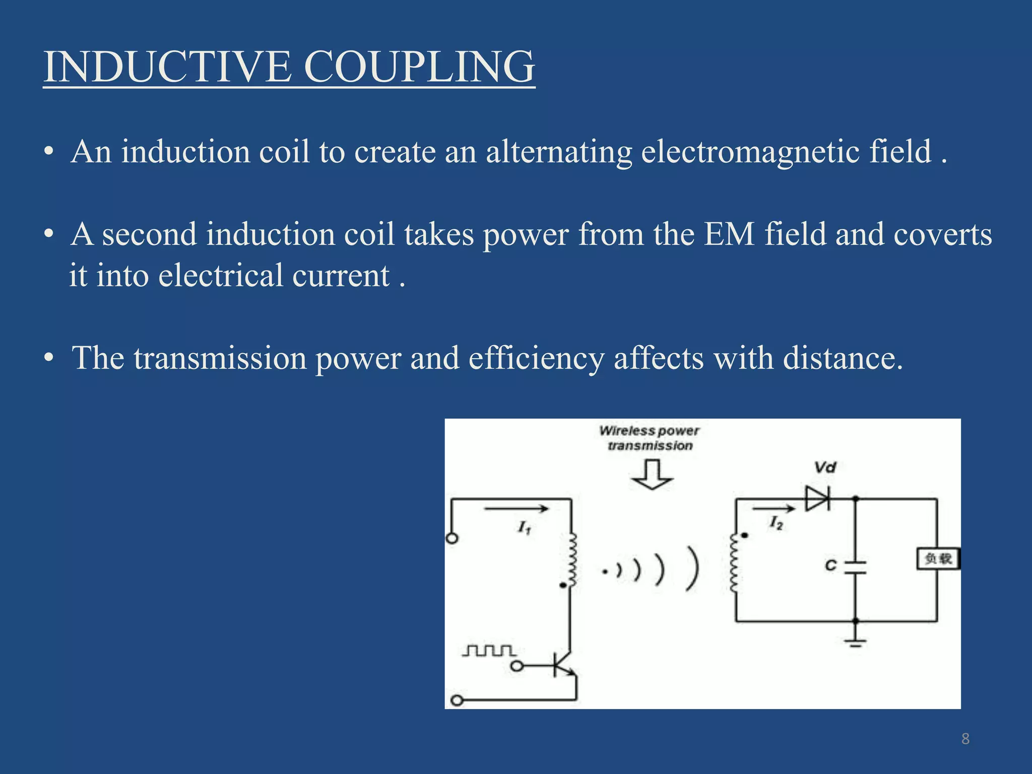 INDUCTIVE COUPLING
8
• An induction coil to create an alternating electromagnetic field .
• A second induction coil takes power from the EM field and coverts
it into electrical current .
• The transmission power and efficiency affects with distance.
 