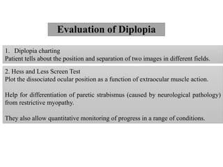 Evaluation of Diplopia
1. Diplopia charting
Patient tells about the position and separation of two images in different fields.
2. Hess and Less Screen Test
Plot the dissociated ocular position as a function of extraocular muscle action.
Help for differentiation of paretic strabismus (caused by neurological pathology)
from restrictive myopathy.
They also allow quantitative monitoring of progress in a range of conditions.
 