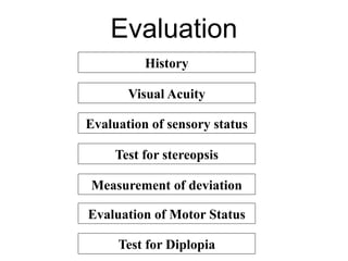 Evaluation
History
Evaluation of Motor Status
Test for Diplopia
Test for stereopsis
Evaluation of sensory status
Visual Acuity
Measurement of deviation
 