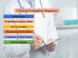 Clinical Evaluation Sequence
Evaluation of Motor Status
Measurement of deviation
Test for Diplopia
Test for steropsis
Evaluation of sensory status
Visual Acuity
 