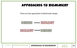 APPROACHES TO BIOMIMICRY

                       There are two approaches to Biomimetic design




15-11-2011   BIOMIMETIC ARCHITECTURE                                    VAISALI K
                                       APPROACHES TO BIOLMIMICRY       B070225AR
                                                                                    10
 