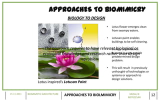 APPROACHES TO BIOMIMICRY
                                        BIOLOGY TO DESIGN
                                                              •   Lotus flower emerges clean
                                                                  from swampy waters.

                                                              •   Lotusan paint enables
                                                                  buildings to be self cleaning.

                         The approach requires to have relevant biological or
                                                           • Biology can influence
                                                             humans in ways outside
                        ecological knowledge and research rather than design
                                                             predetermined design
                                              problem        problem.

                                                              •   This will result in previously
                                                                  unthought-of technologies or
                                                                  systems or approach to
                                                                  design solutions.
                    Lotus inspired’s Lotusan Paint

15-11-2011   BIOMIMETIC ARCHITECTURE                                            VAISALI K
                                       APPROACHES TO BIOLMIMICRY               B070225AR
                                                                                                   12
 