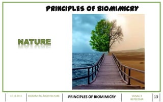 PRINCIPLES OF BIOMIMICRY




15-11-2011   BIOMIMETIC ARCHITECTURE                               VAISALI K
                                       PRINCIPLES OF BIOMIMICRY   B070225AR
                                                                               13
 