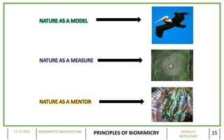 NATURE AS A MODEL




             NATURE AS A MEASURE




             NATURE AS A MENTOR




15-11-2011   BIOMIMETIC ARCHITECTURE                               VAISALI K
                                       PRINCIPLES OF BIOMIMICRY   B070225AR
                                                                               15
 
