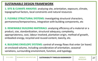 SUSTAINABLE DESIGN FRAMEWORK
1. SITE & CLIMATE ANALYSIS: analysing site, orientation, exposure, climate,
topographical factors, local constraints and natural resources

2. FLEXIBLE STRUCTURAL SYSTEMS: investigating structural characters,
permanence/temporariness, integration with building components, etc

3. RENEWABLE BUILDING MATERIALS: analysing efficiency of a material or a
product, size, standardization, structural adequacy, complexity,
appropriateness, cost, labour involved, plantation origin, method of growth,
embodied energy, recycled and reused content, toxicity, etc.

4. BUILDING ENVELOPE SYSTEMS: control of energy flows that enter (or leave)
an enclosed volume, including consideration of orientation, seasonal
variations, surrounding environment, function, and typology.

 15-11-2011   BIOMIMETIC ARCHITECTURE   SUSTAINABILITY THROUGH BIOMIMICRY    VAISALI K
                                                                            B070225AR
                                                                                         27
 