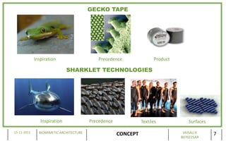 GECKO TAPE




             Inspiration                    Precedence                Product

                              SHARKLET TECHNOLOGIES




                Inspiration              Precedence             Textiles            Surfaces

15-11-2011     BIOMIMETIC ARCHITECTURE                                           VAISALI K
                                                      CONCEPT                   B070225AR
                                                                                               7
 