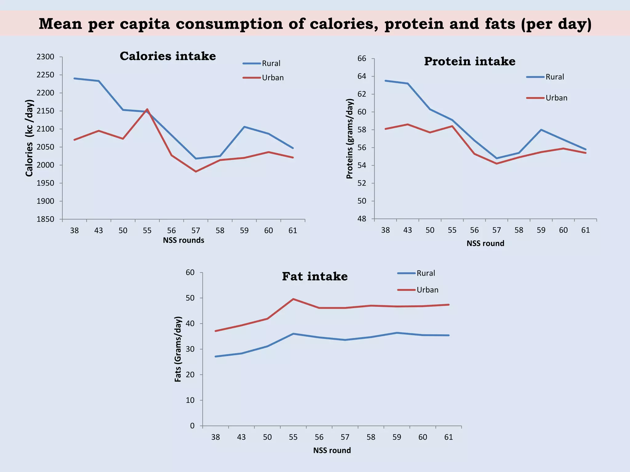 1850
1900
1950
2000
2050
2100
2150
2200
2250
2300
38 43 50 55 56 57 58 59 60 61
Calories(kc/day)
NSS rounds
Calories intake Rural
Urban
48
50
52
54
56
58
60
62
64
66
38 43 50 55 56 57 58 59 60 61
Proteins(grams/day)
NSS round
Protein intake
Rural
Urban
0
10
20
30
40
50
60
38 43 50 55 56 57 58 59 60 61
Fats(Grams/day)
NSS round
Fat intake Rural
Urban
Mean per capita consumption of calories, protein and fats (per day)
 