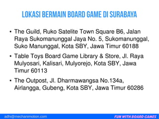 Fun with Board Gamesadhi@mechanimotion.com
Lokasi bermain board game di Surabaya
● TheGuild,RukoSateliteTownSquareB6,Jalan
RayaSukomanunggalJayaNo.5,Sukomanunggal,
SukoManunggal,KotaSBY,JawaTimur60188
● TableToysBoardGameLibrary&Store,Jl.Raya
Mulyosari,Kalisari,Mulyorejo,KotaSBY,Jawa
Timur60113
● TheOutpost,Jl.DharmawangsaNo.134a,
Airlangga,Gubeng,KotaSBY,JawaTimur60286
 
