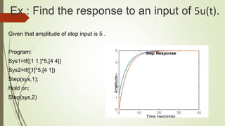 Ex : Find the response to an input of 5u(t).
Given that amplitude of step input is 5 .
Program:
Sys1=tf([1 1 ]*5,[4 4])
Sys2=tf([1]*5,[4 1])
Step(sys,1);
Hold on;
Step(sys,2)
 
