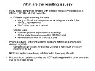 What are the resulting issues?
• Many global companies struggle with different regulatory standards i.e.
Global (US/EU) vs Local Domestic
– Different registration requirements
• Many multinational companies work to higher standard then
FDA/EU requirements
• WHO often used as a default
– Clinical Data
• For some products ‘equivalence’ is not enough
• Clinical study designs being audited (DCGI in India)
• Requirements in India vs. China vs. Korea
• Pricing products– different systems exist and referencing pricing lists
change regularly
– Competing on price alone for Branded Generics is not enough-eventually
margins will be cut
• NICE like systems are being established in Emerging Markets
• Products from certain countries are NOT easily registered in other countries
due to historical issues
 