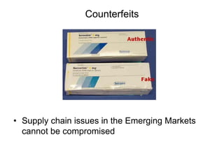 Counterfeits
• Supply chain issues in the Emerging Markets
cannot be compromised
 