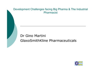 Development Challenges facing Big Pharma & The Industrial
Pharmacist
D Gi M i iDr Gino Martini
GlaxoSmithKline Pharmaceuticals
 