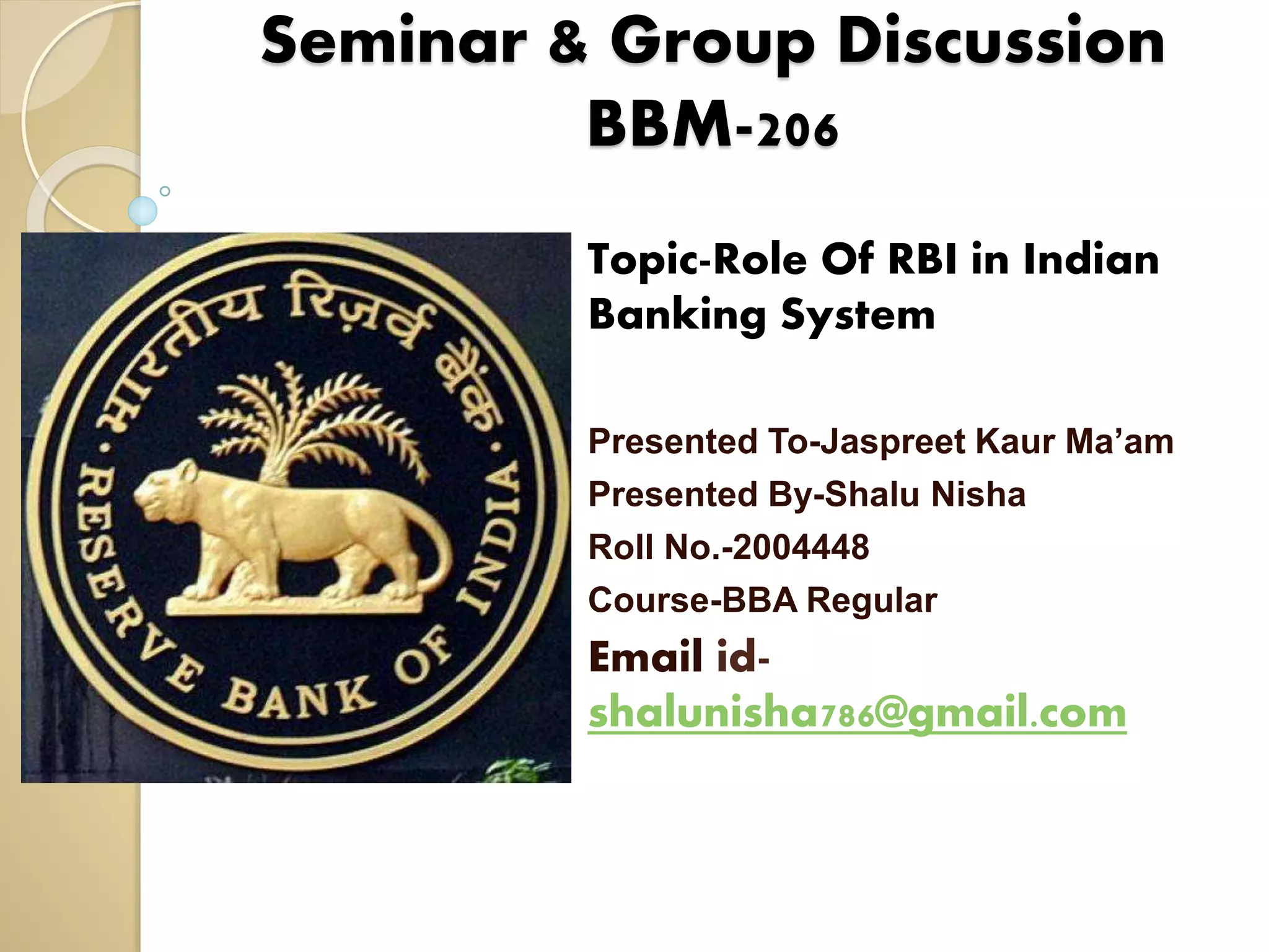 Role Of RBI in Indian Banking System | PPTX