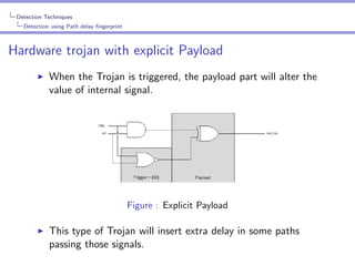 Detection Techniques
Detection using Path delay ﬁngerprint

Hardware trojan with explicit Payload
When the Trojan is triggered, the payload part will alter the
value of internal signal.

Figure : Explicit Payload

This type of Trojan will insert extra delay in some paths
passing those signals.

 