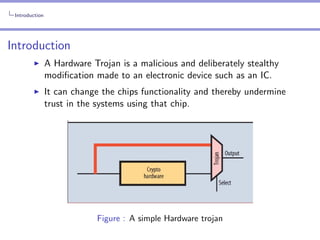 Introduction

Introduction
A Hardware Trojan is a malicious and deliberately stealthy
modiﬁcation made to an electronic device such as an IC.
It can change the chips functionality and thereby undermine
trust in the systems using that chip.

Figure : A simple Hardware trojan

 