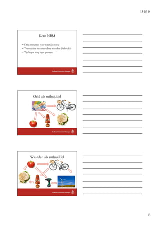 13-10-14 
13 
Kern NBM 
• Drie principes voor waardecreatie 
• Transacties met meerdere waarden (hybride) 
• Tijd tegen zorg tegen punten 
Geld als ruilmiddel 
Waarden als ruilmiddel 
 