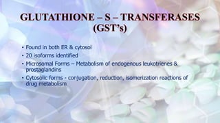 • Found in both ER & cytosol
• 20 isoforms identified
• Microsomal Forms – Metabolism of endogenous leukotrienes &
prostaglandins
• Cytosolic forms - conjugation, reduction, isomerization reactions of
drug metabolism
 