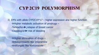 3) EM’s with allele CYP2C19*17 – higher expression and higher function
Higher metabolic activation of prodrugs –
-Tamoxifen↓relapse of breast cancer
-Clopidogrel↑risk of bleeding
Higher elimination of drugs –
-Antidepressants like Imipramine
-Antifungals like Voriconazole
 