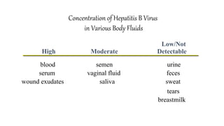 High Moderate
Low/Not
Detectable
blood semen urine
serum vaginal fluid feces
wound exudates saliva sweat
tears
breastmilk
Concentration of Hepatitis B Virus
in Various Body Fluids
 