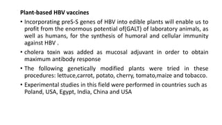 .
Plant-based HBV vaccines
• Incorporating preS-S genes of HBV into edible plants will enable us to
profit from the enormous potential of(GALT) of laboratory animals, as
well as humans, for the synthesis of humoral and cellular immunity
against HBV .
• cholera toxin was added as mucosal adjuvant in order to obtain
maximum antibody response
• The following genetically modified plants were tried in these
procedures: lettuce,carrot, potato, cherry, tomato,maize and tobacco.
• Experimental studies in this field were performed in countries such as
Poland, USA, Egypt, India, China and USA
 
