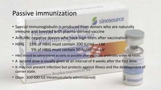 Passive immunization
• Special immunoglobulin is produced from donors who are naturally
immune and boosted with plasma-derived vaccine
• Anti HBc negative donors who have high titers after vaccination
• HBIG 15% of HBIG must contain 200 IU/ml--- I.M
5% of HBIG must contain 50 IU/ml----- I.V
• HBIG should be administered as early as possible after exposure, preferably within 48 hours.
• A second dose is usually given at an interval of 4 weeks after the first dose.
• It may not prevent infection but protects against illness and the development of
carrier state.
• Dose: 300-500 IU( Intramuscularly administered)
 