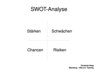    
Christoph DeegChristoph Deeg
Marketing – Web 2.0 ­ GamingMarketing – Web 2.0 ­ Gaming
SWOT­Analyse
Stärken Schwächen
Chancen Risiken
 