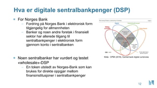Hva er digitale sentralbankpenger (DSP)
12
 For Norges Bank
– Fordring på Norges Bank i elektronisk form
tilgjengelig for allmennheten
– Banker og noen andre foretak i finansiell
sektor har allerede tilgang til
sentralbankpenger i elektronisk form
gjennom konto i sentralbanken
 Noen sentralbanker har vurdert og testet
«wholesale»-DSP
– En token utstedt av Norges-Bank som kan
brukes for direkte oppgjør mellom
finansinstitusjoner i sentralbankpenger
Kilde: CPMI (2018), Central bank digital currencies
 