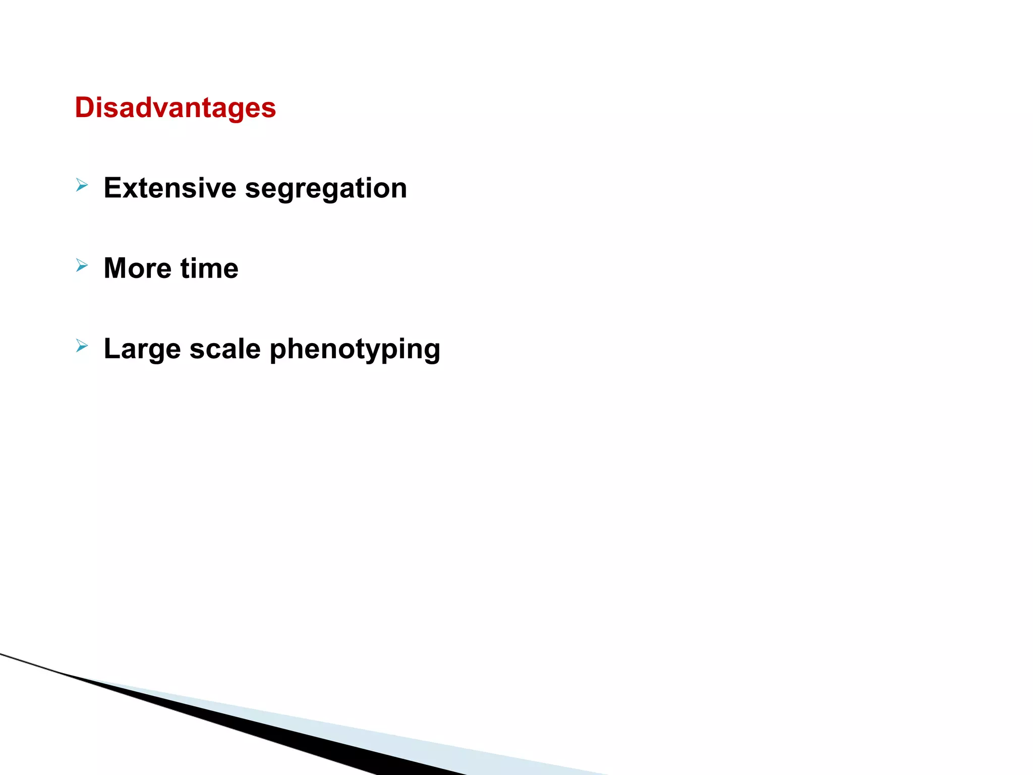 Disadvantages

   Extensive segregation

   More time

   Large scale phenotyping
 