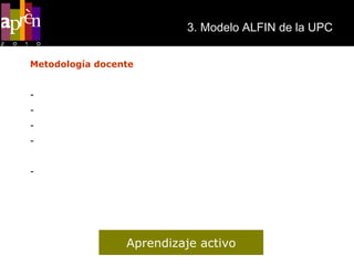 3. Modelo ALFIN de la UPC   Aprendizaje activo Metodología docente Estimular el pensamiento crítico y la reflexión Apoyar un aprendizaje basado en el estudiante Construir sobre el conocimiento previo de los alumnos Relacionar la competencia informacional con el trabajo diario de las asignaturas Incluir actividades de aprendizaje activo y colaborativo Institute for Information Literacy   