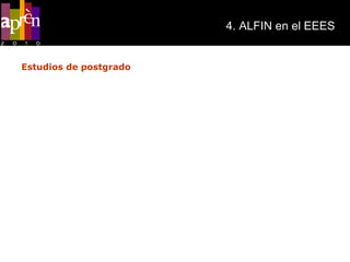 4. ALFIN en el EEES Estudios de postgrado Habilidades informacionales para elaborar un trabajo científico Màster en Teoria i Pràctica del Projecte d’Arquitectura Màster en Ciència i Enginyeria de Materials & European Master in Advanced Materials Science and Engineering  (AMASE) – 1r semestre Màster en Automàtica i Robòtica (MROB) Màster en Enginyeria Biomèdica (MEB) Programa de doctorat en control, visió i robòtica (DCVR) Màster d'Estadística i Investigació Operativa Màster en Tecnologies de la Informació Màster en Computació  Màster en Intel·ligència Artificial  Màster en Arquitectura de Computadors, Xarxes i Sistemes Màster en Enginyeria Tèxtil, Paperera i Gràfica Màster en Ciència i Enginyeria de Materials & European Master in Advanced Materials Science and Engineering (AMASE) – 2n semestre Programa de doctorat en Sostenibilidad, Tecnologia i Humanisme 