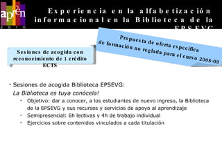 Sesiones de acogida Biblioteca EPSEVG:  La Biblioteca es tuya conócela!  Objetivo: dar a conocer, a los estudiantes de nuevo ingreso, la Biblioteca de la EPSEVG y sus recursos y servicios de apoyo al aprendizaje  Semipresencial: 6h lectivas y 4h de trabajo individual Ejercicios sobre contenidos vinculados a cada titulación Propuesta de oferta específica  de formación no reglada para el curso 2008-09 Experiencia en la alfabetización  informacional en la Biblioteca de la EPSEVG Sesiones de acogida con reconocimiento de 1 crédito ECTS 