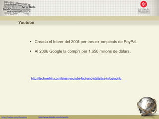 Youtube



                                  Creada el febrer del 2005 per tres ex-empleats de PayPal.

                                  Al 2006 Google la compra per 1.650 milions de dòlars.




                                 http://techwelkin.com/latest-youtube-fact-and-statistics-infographic




https://twitter.com/nfornellsm        http://www.linkedin.com/in/neusfm
 