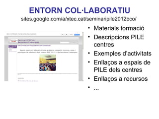 ENTORN COL·LABORATIU
sites.google.com/a/xtec.cat/seminaripile2012bco/

• Materials formació
• Descripcions PILE
centres
• Exemples d’activitats
• Enllaços a espais de
PILE dels centres
• Enllaços a recursos
Neus Lorenzo
• ...

 