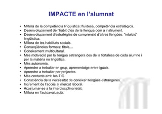Neus Lorenzo
Neus Lorenzo
IMPACTE en l’alumnat
• Millora de la competència lingüística: fluïdesa, competència estratègica.
• Desenvolupament de l’hàbit d’ús de la llengua com a instrument.
• Desenvolupament d’estratègies de comprensió d’altres llengües: “intuïció”
lingüística.
• Millora de les habilitats socials.
• Conseqüències formals: títols,...
• Coneixement multicultural.
• Més motivació per la llengua estrangera des de la fortalesa de cada alumne i
per la matèria no lingüítica.
• Més autonomia.
• Aprendre a treballar en grup, aprenentatge entre iguals.
• Aprendre a treballar per projectes.
• Més contacte amb les TIC.
• Consciència de la necessitat de conèixer llengües estrangeres.
• Increment de l’accés al mercat laboral.
• Acostumar-se a la interdisciplinarietat.
• Millora en l’autoavaluació.
 