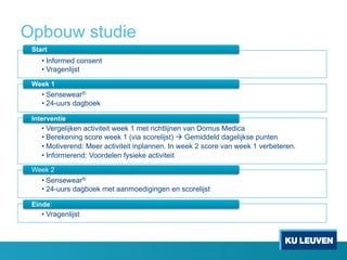 Opbouw studie
• Informed consent
• Vragenlijst
Start
• Sensewear®
• 24-uurs dagboek
Week 1
• Vergelijken activiteit week 1 met richtlijnen van Domus Medica
• Berekening score week 1 (via scorelijst) à Gemiddeld dagelijkse punten
• Motiverend: Meer activiteit inplannen. In week 2 score van week 1 verbeteren.
• Informerend: Voordelen fysieke activiteit
Interventie
• Sensewear®
• 24-uurs dagboek met aanmoedigingen en scorelijst
Week 2
• Vragenlijst
Einde:
 