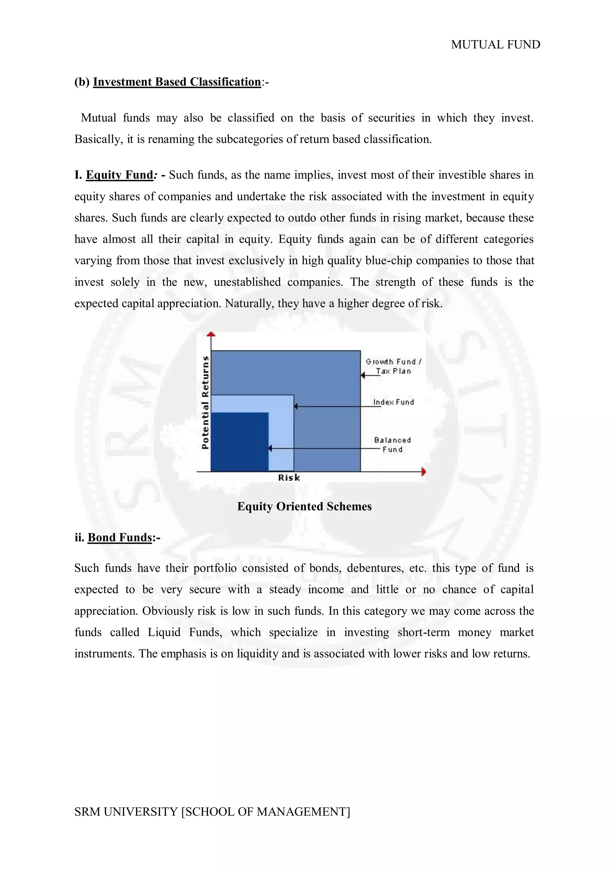 MUTUAL FUND


(b) Investment Based Classification:-

 Mutual funds may also be classified on the basis of securities in which they invest.
Basically, it is renaming the subcategories of return based classification.

I. Equity Fund: - Such funds, as the name implies, invest most of their investible shares in
equity shares of companies and undertake the risk associated with the investment in equity
shares. Such funds are clearly expected to outdo other funds in rising market, because these
have almost all their capital in equity. Equity funds again can be of different categories
varying from those that invest exclusively in high quality blue-chip companies to those that
invest solely in the new, unestablished companies. The strength of these funds is the
expected capital appreciation. Naturally, they have a higher degree of risk.




                                  Equity Oriented Schemes

ii. Bond Funds:-

Such funds have their portfolio consisted of bonds, debentures, etc. this type of fund is
expected to be very secure with a steady income and little or no chance of capital
appreciation. Obviously risk is low in such funds. In this category we may come across the
funds called Liquid Funds, which specialize in investing short-term money market
instruments. The emphasis is on liquidity and is associated with lower risks and low returns.




SRM UNIVERSITY [SCHOOL OF MANAGEMENT]
 