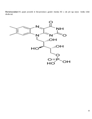 16
Flavin-koenzimet.Në grupin prostetik të flavoproteinave gjendet vitamina B2 e cila për nga natyra kimike është
riboflavinë.
 