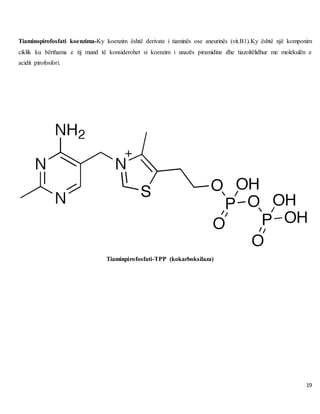 19
Tiaminopirofosfati koenzima-Ky koenzim është derivate i tiaminës ose aneurinës (vit.B1).Ky është një komponim
ciklik ku bërthama e tij mund të konsiderohet si koenzim i unazës piramidine dhe tiazoltëlidhur me molekulën e
acidit pirofosfori.
Tiaminpirofosfati-TPP (kokarboksilaza)
 
