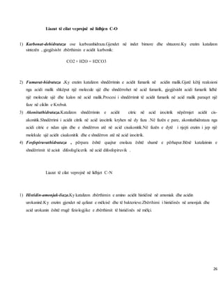 26
Liazat të cilat veprojnë në lidhjen C-O
1) Karbonat-dehidrataza ose karboanhidraza.Gjendet në indet bimore dhe shtazore.Ky enzim katalizon
sintezën , gjegjësisht zbërthimin e acidit karbonik:
CO2 + H2O = H2CO3
2) Fumarat-hidrataza .Ky enzim katalizon shndërrimin e acidit fumarik në acidin malik.Gjatë këtij reaksioni
nga acidi malik shkëput një molecule ujë dhe shndërrohet në acid fumarik, gjegjësisht acidi fumarik lidhë
një molecule ujë dhe kalon në acid malik.Procesi i shndërrimit të acidit fumarik në acid malik paraqet një
faze në ciklin e Krebsit.
3) Akonitathidrataza.Katalizon shndërrimin e acidit citric në acid izocitrik nëpërmjet acidit cis-
akonitik.Shndërrimi i acidit citrik në acid izocitrik kryhen në dy faza .Në fazën e pare, akonitathidrataza nga
acidi citric e ndan ujin dhe e shndërron atë në acid cisakonitik.Në fazën e dytë i njejti enzim i jep një
molekule ujë acidit cisakonitik dhe e shndërron atë në acid izocitrik.
4) Fosfopiruvathidrataza , përpara është quajtur enolaza është shumë e përhapur.Bënë katalizimin e
shndërrimit të acisit difosfoglicerik në acid difosfopiruvik .
Liazat të cilat veprojnë në lidhjet C-N
1) Histidin-amonjak-liaza.Ky katalizon zbërthimin e amino acidit histidinë në amoniak dhe acidin
urokaninë.Ky enzim gjendet në qelizat e mëlcisë dhe të bakterieve.Zbërthimi i histidinës në amonjak dhe
acid urokanin është rrugë fiziologjike e zbërthimit të histidinës në mëlçi.
 